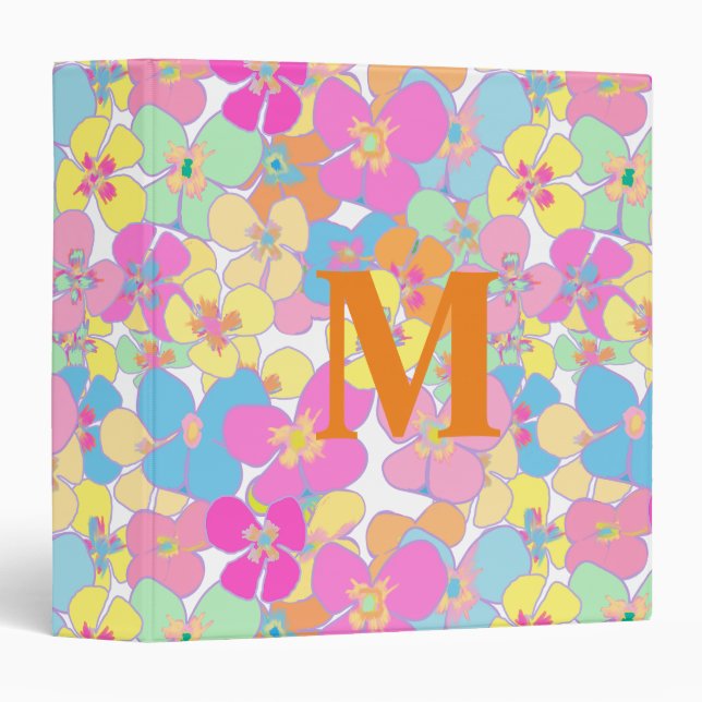Neon Retro Floral Pink Monogram 3 Ring Binder (Front/Spine)