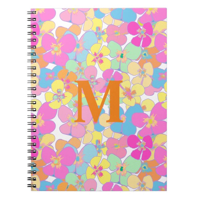 Neon Retro Floral Pink Monogram Notebook (Front)