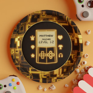 Neon Retro Gaming Console on Black Birthday Party Paper Plates