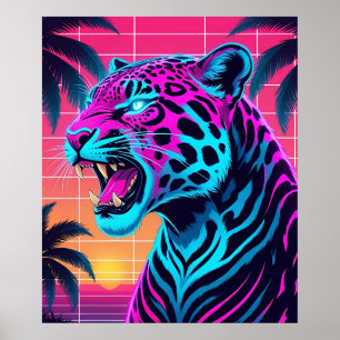 Neon Retro Jaguar – Vibrant Synthwave 80s Animal D Poster