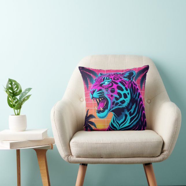 Neon Retro Jaguar – Vibrant Synthwave 80s Animal D Throw Pillow (Chair)