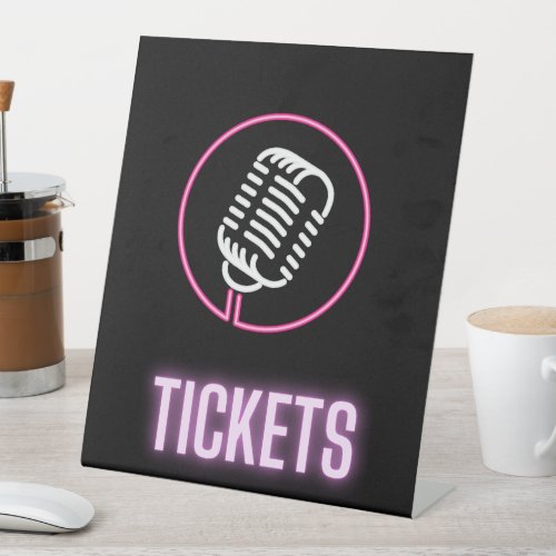 Neon Retro Mic Tickets   Pedestal Sign