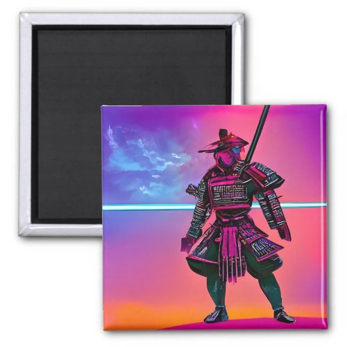 Neon Retro Synthwave Samurai Magnet