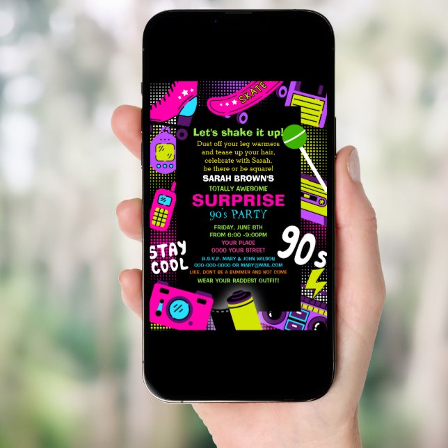 Neon Retro Totally Awesome 90s Birthday Party  Invitation (Front Digital)