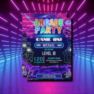 Neon retro video arcade gaming birthday party invitation