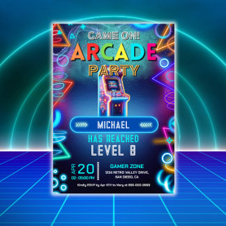 Neon retro video arcade gaming birthday party invitation