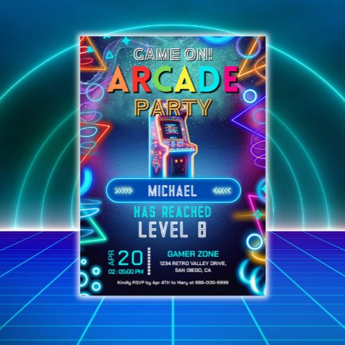 Neon retro video arcade gaming birthday party invitation