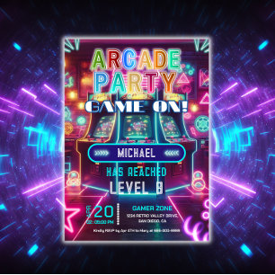 Neon retro video arcade gaming birthday party invitation