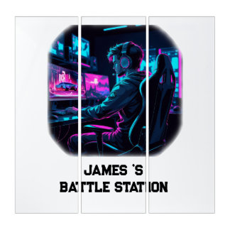 Neon RGB Cyberpunk Gamer Room Personalized Name Triptych