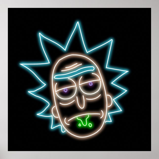 Neon Rick Sanchez Head Black Poster (Front)