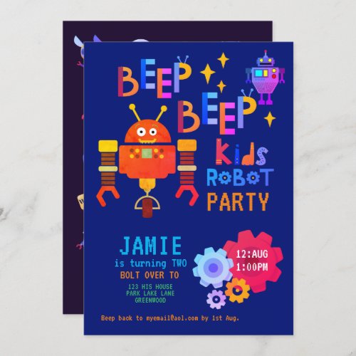 NEON ROBOT 2nd Birthday Party Boy Girl Funny Invitation