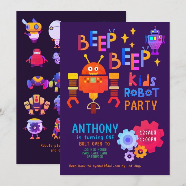 NEON ROBOT Party Boys Girl 1st Birthday Fun Invitation (Front/Back)