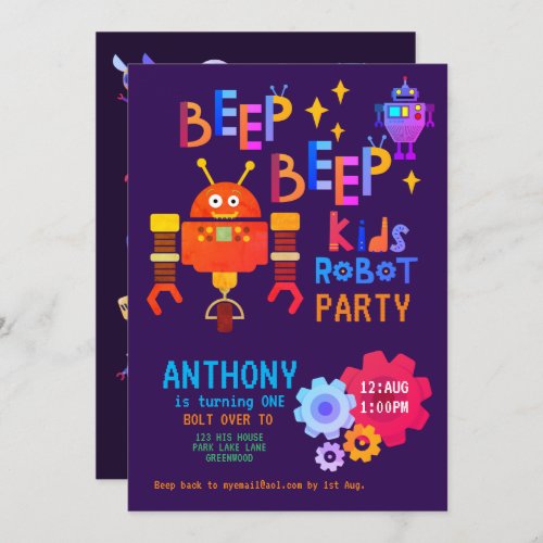 NEON ROBOT Party Boys Girl 1st Birthday Fun Invitation