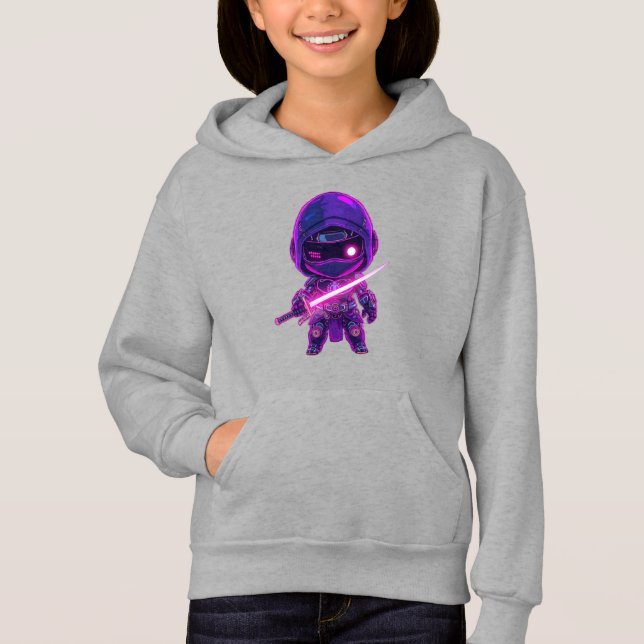 Neon Robotic Ninja – Cute Cyberpunk Style Characte Hoodie (Front)
