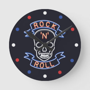 Neon Rock N Roll Skull Red Blue White  Wall Clock