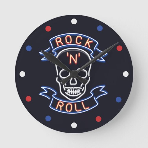 Neon Rock N Roll Skull Red Blue White  Wall Clock