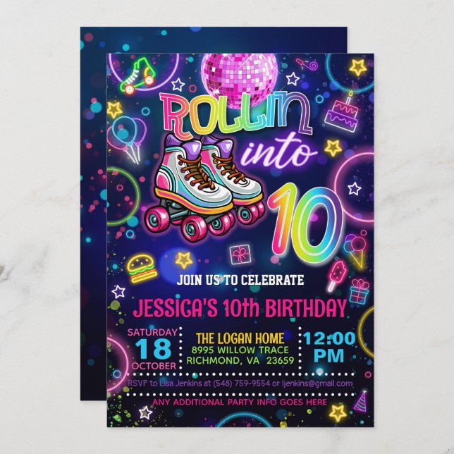 Neon Roller Skate 10th Birthday Invitation (Front/Back)