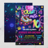Neon Roller Skate 10th Birthday Invitation