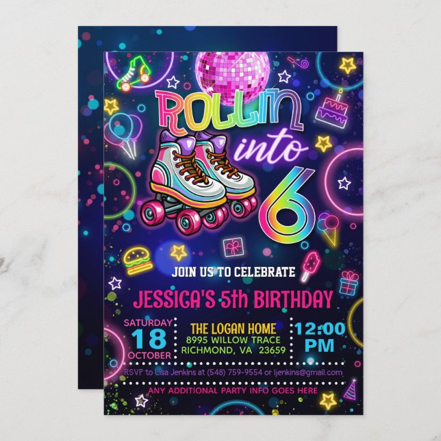 Neon Roller Skate 6th Birthday Invitation (Front/Back)