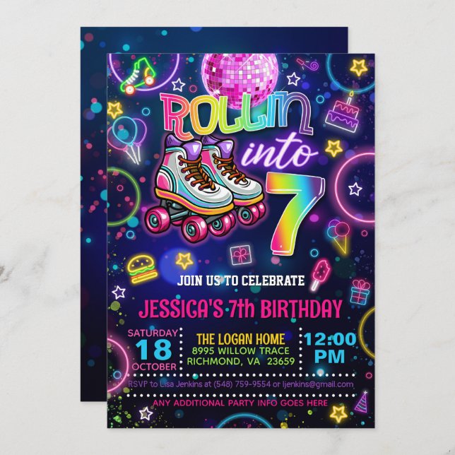 Neon Roller Skate 7th Birthday Invitation (Front/Back)