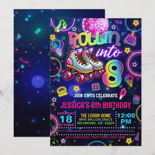 Neon Roller Skate 8th Birthday Invitation (Front/Back)