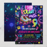 Neon Roller Skate 9th Birthday Invitation