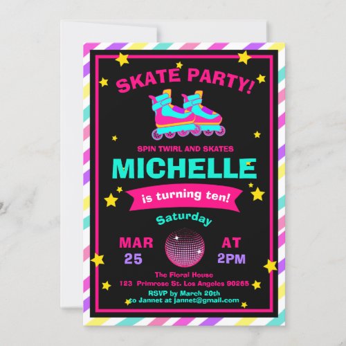 Neon Roller Skating Chalkboard Rainbow Birthday Invitation