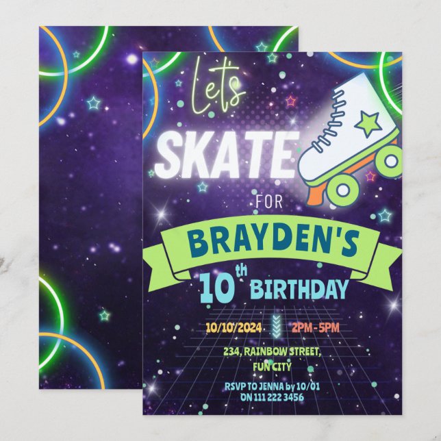 Neon Roller Skating Glow Birthday Boy  Invitation (Front/Back)