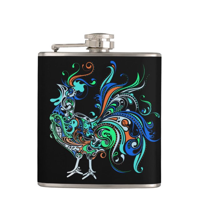 Neon Rooster Hip Flask (Front)