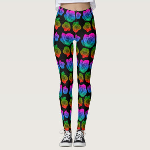 Neon rose pattern black leggings