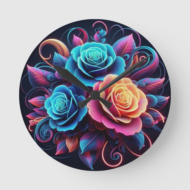 Neon Roses Round Clock (Front)