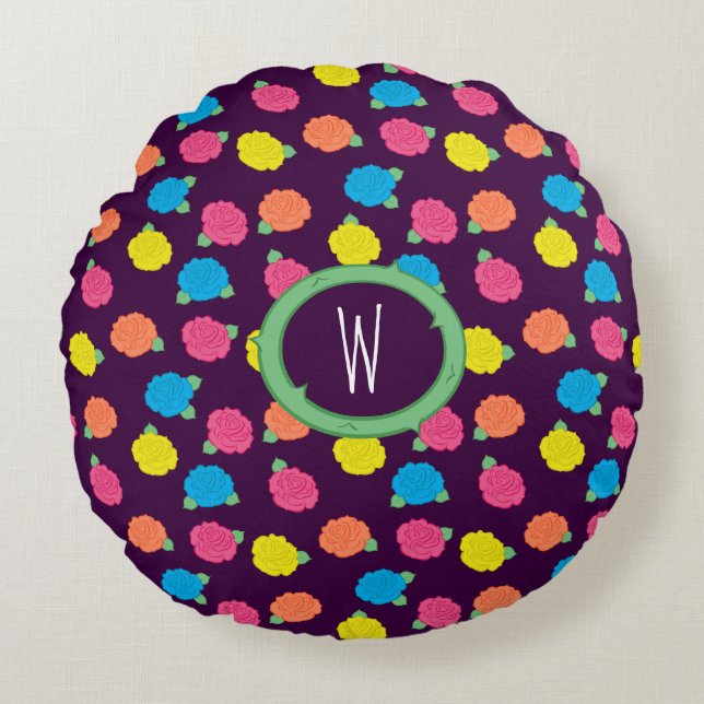 Neon Roses Round Pillow (Front)