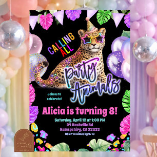 Neon Safari Leopard tween birthday invitation