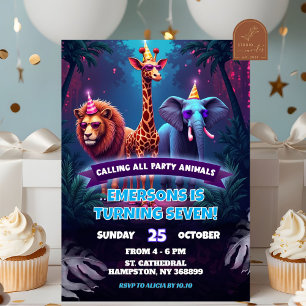 Neon Safari Wild Animals Boy Birthday Invitation