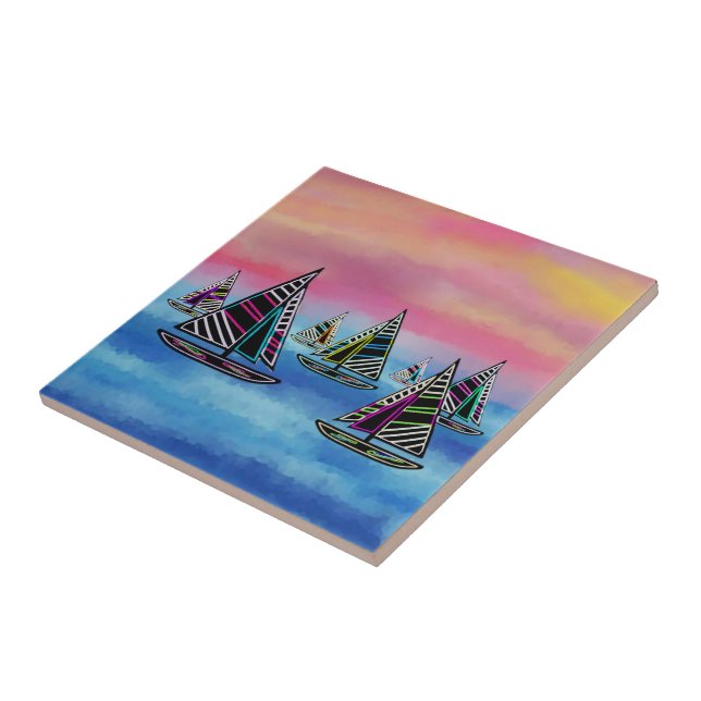 Neon Sailboats in the Sun Ceramic Tile (Side)