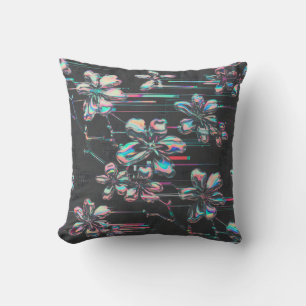 Neon Sakura Glitch - Futuristic flower pattern Throw Pillow