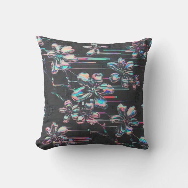 Neon Sakura Glitch - Futuristic flower pattern Throw Pillow (Front)