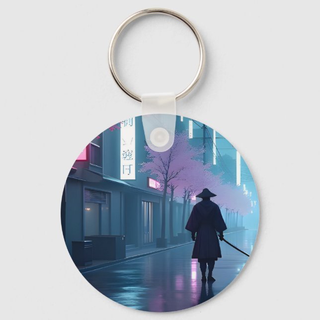 Neon Samurai Keychain – Retro Anime Tokyo Design (Front)