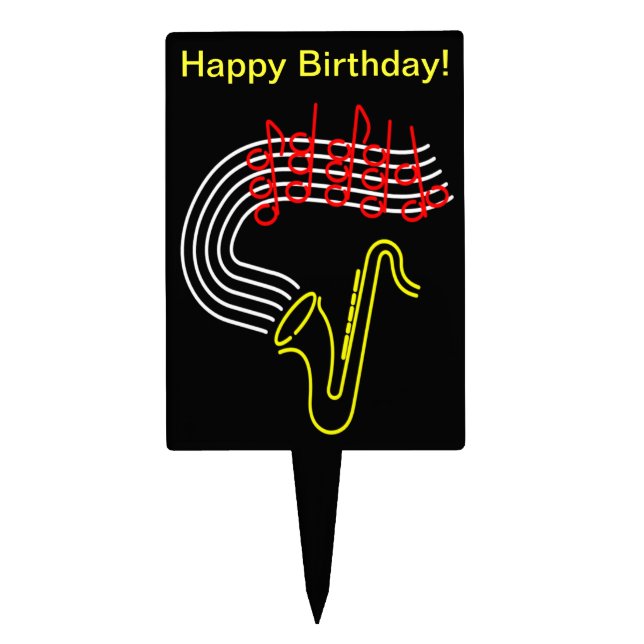 Neon Saxophone Music Notes Happy Birthday Cake Topper (Front)