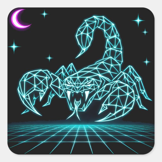 Neon Scorpion Synthwave – Electric Sting Retro Square Sticker (Front)