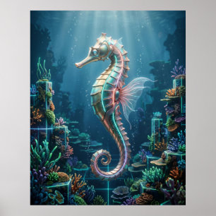 Neon Seahorse Coral Grid Poster