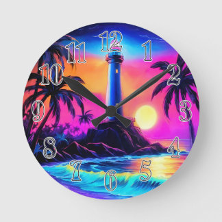 Neon Seaside Beacon 3 Round Clock