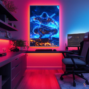 Neon Shadow Assassin – Cyberpunk Ninja in Blue Fla Poster