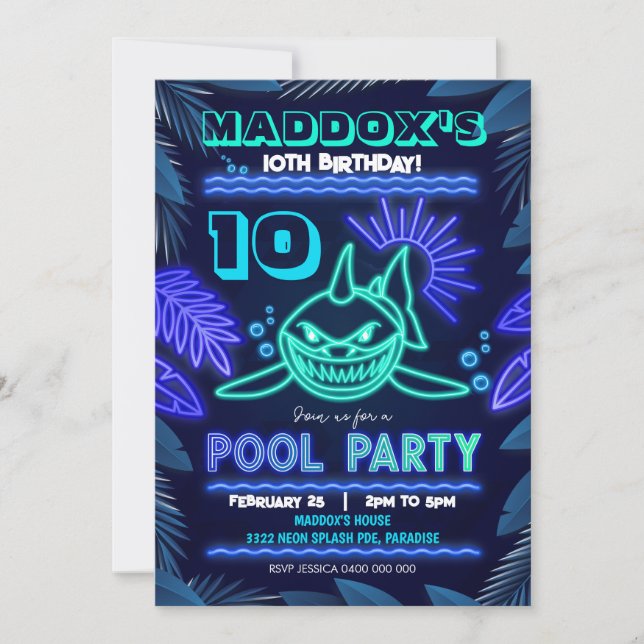 Neon Shark Pool Party Invitation (Front)