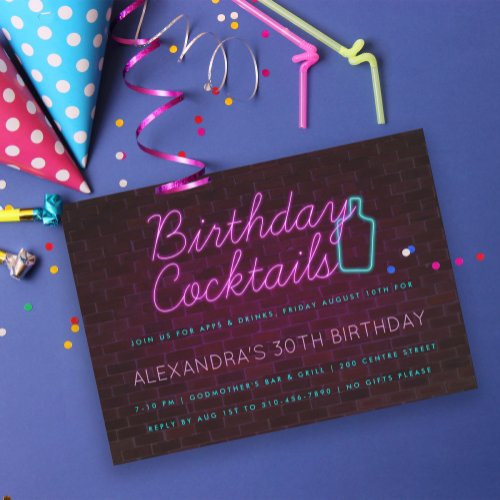 Neon Sign Birthday Cocktail Party Invitation