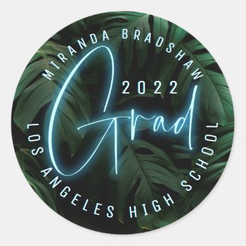 Neon Sign Blue Tropical Leaves Grad Classic Round Sticker by beckynimoy at Zazzle