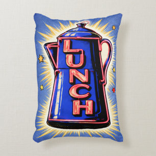 Neon Sign, Coffee Pot, Lunch, POP Art Style Accent Pillow