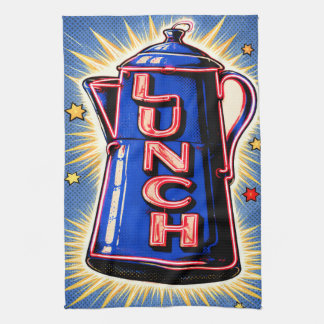 Neon Sign, Coffee Pot, Lunch, POP Art Style Kitchen Towel