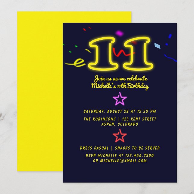 Neon Sign Eleventh Birthday Party Invitation (Front/Back)