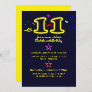 Neon Sign Eleventh Birthday Party Invitation
